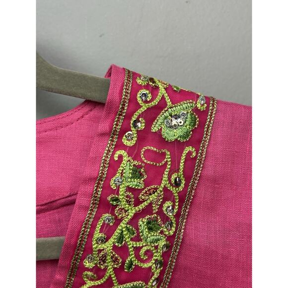 Vendeuse Linen V Neck Tunic Large Pink Embroidered Beaded Summer Cruise Resort - Picture 7 of 9